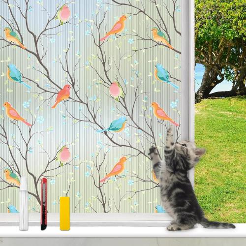 Bird Window Film Upgraded Reusable Stained Glass Window Film - No Glue, Decorative Privacy for Home Windows (Colorful Birds, 17.5 X 78.7 in)