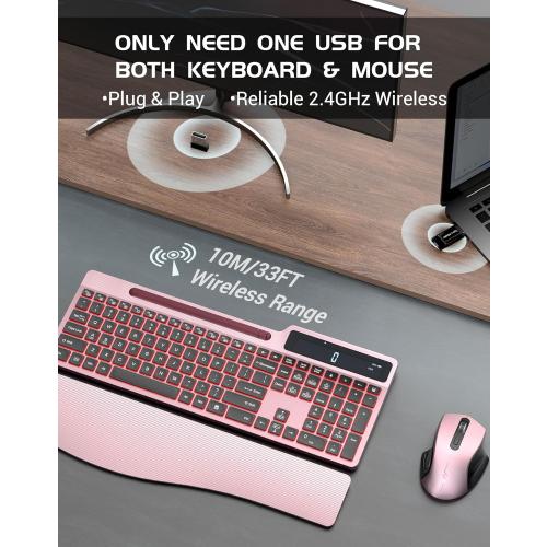 Pink and Black Wireless Keyboard Mouse Combo, Full Size Ergonomic Keyboard with Backlit, Wrist Rest, Calculator, Phone Holder, 2.4Ghz Silent Cordless Rechargeable Keyboard & Mouse for Laptop, PC (Pink Black)
