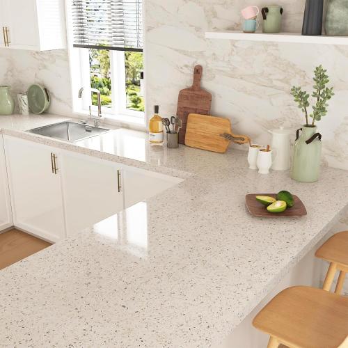 35x120 Large Countertop Contact Paper Beige Granite Contact Paper for Countertops - Counter Top Peel and Stick Waterproof Beige Granite Wallpaper for Kitchen Counter Vinyl Wrap