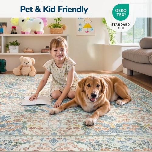Lessymo Floral Living Room Rug 5x7 Area Rug, Vintage Forest Washable Rugs for Dining Room, Bedroom, Low Pile Non Slip Rubber Green Mat Indoor Boho Carpet for Large Entryway, Beige Brown