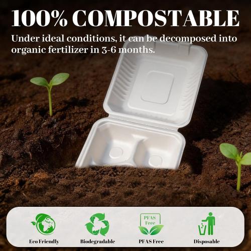 Lucklot 100 Pack 8×9 Inch 3-Compartment Compostable Bagasse Food Containers