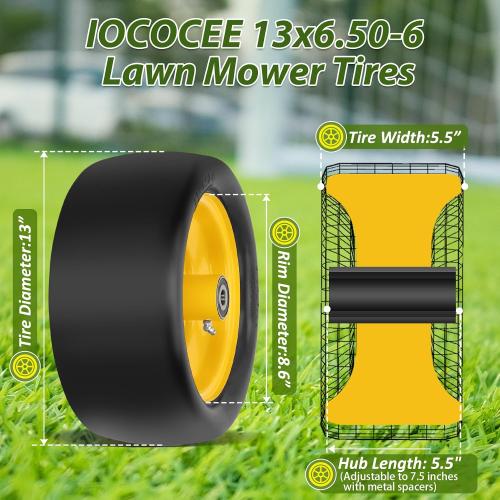 BLACK TIRE YELLOW RIM 2 Pcs 13x6.50-6 Lawn Mower Tires Flat Free with 3/4 Chrome Steel Bearings, 13x6.50-6 Zero Turn Mower Front Tires, 13x6.5-6 Flat Free Lawn Mower Tires for Commercial Grade Lawn, 5.5-7.5 Centered Hub