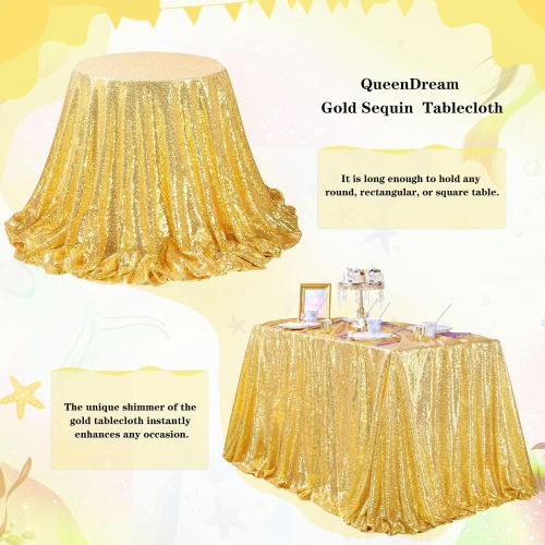 Glitter Gold Tablecloth for Parties 90x156 Inch Rectangle Sequin Fabric | Table Cloth for Wedding Birthday Banquet, Seamless ONE-PIECES, Sparkly 3MM sequin, Serged Edges No Falling, for 6-10FT Table