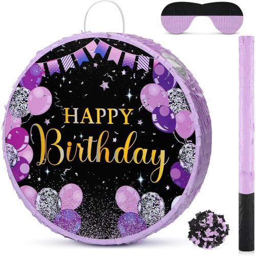 Sinmoe Birthday Piñata with Stick Blindfold and Confetti for Men Women Birthday Party Supply(Purple)