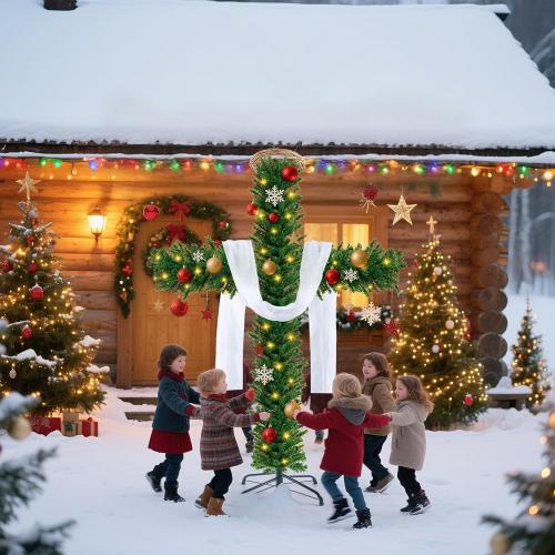 76 Inch Cross Christmas Tree with 2 Lights Strings and Garland Jesus Christ Catholic Cross Decor Decoration Foldable Xmas Tree for Indoor Outdoor Holiday, Yard, and Church Nativity Scene Decor