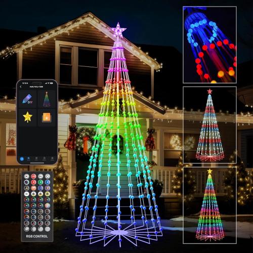 9FT Smart Christmas Tree Lights with Ball Ornaments, App & Remote Control, 316 RGB Color Changing LED Cone Tree Lights, Music Sync, Custom Light Show, Waterproof Decoration for Xmas, New Year, Parties