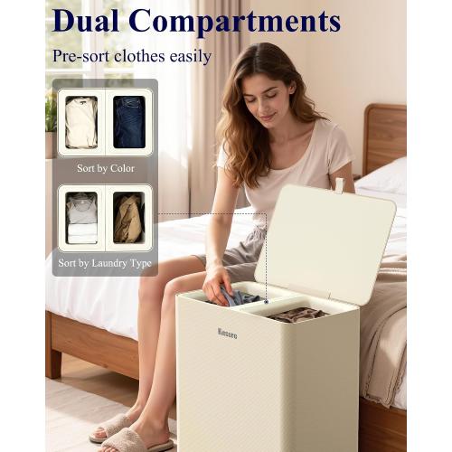 Kitsure Laundry Basket 160L – Large Laundry Hamper with Lid, 2-Compartment Divided Clothes Sorter with Removable Hamper Bags, Beige Organizer for Laundry Room, Bathroom & Bedroom, 22.2 x 16 x 27.4