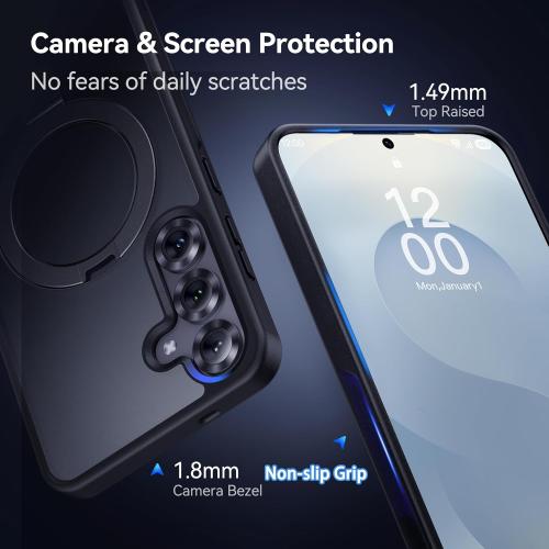 CASEKOO Patented Magnetic Ring Stand for Samsung Galaxy S25 Plus Case [16FT Military Drop Protection] [Compatible with MagSafe] Matte Translucent Slim S25 Plus Case 6.7'' 2025, Black