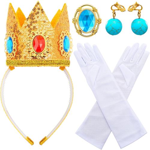 Princess Peach Crown for Kids Girls,Princess Peach Crown Accessories Kit with Gloves Brooch Earrings for Halloween Birthday Party Dress Up