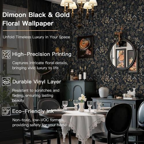 ‼️colors may vary‼️78.7x17.3 Vintage Wallpaper Boho Floral Peel and Stick Wallpaper Dark Black Gold Contact Paper Flower Removable Wall Paper Renter Friendly Stick on Kitchen Bathroom Self Adhesive Vinyl