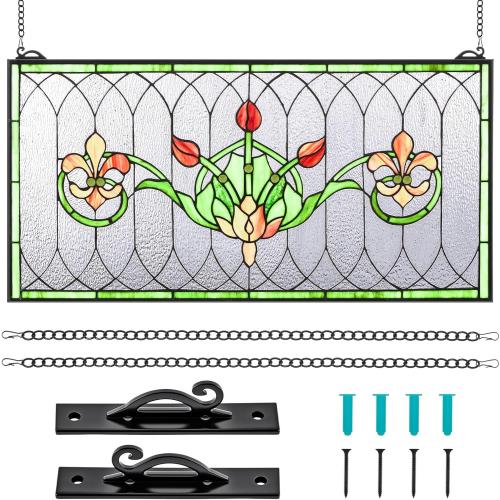 Maxdot 32x16 Stained Glass Transom Window Panel, Large Horizontal Tulips & Irises Handcrafted Hanging Decor with Chain, Vintage Home Decor & Ideal Gift for Art Enthusiasts