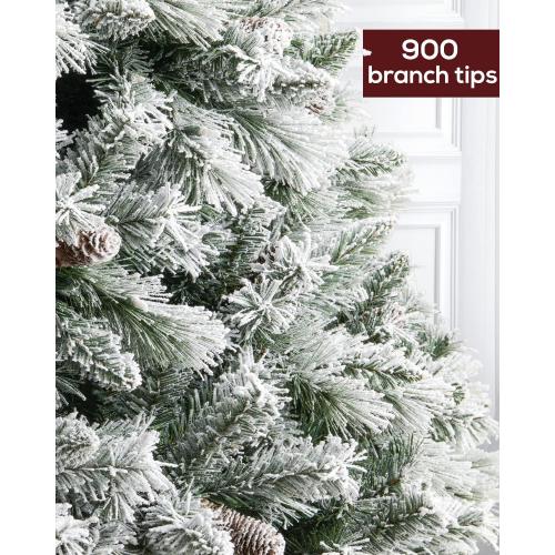 Pre-Lit Christmas Tree 6ft Snow Flocked, Artificial Spruce, 350 Clear Lights, Feel Real Hinged Xmas Trees