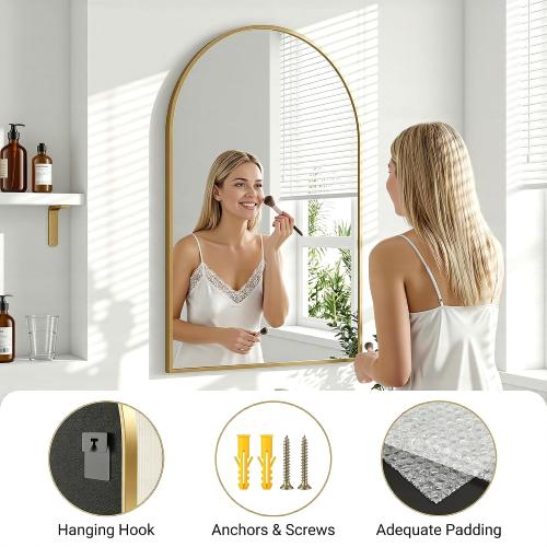 Antok Arched Bathroom Mirror, 24x36 Wall Mounted Mirror, Vanity Mirrors for Over Sink, Aluminum Alloy Frame Bathroom Mirrors Living Room, Bedroom and Entryway, Gold