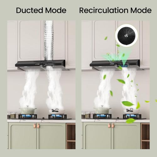 FIREGAS Size  30 Inch Black Under Cabinet Range Hood, Ducted/Ductless Convertible Kitchen Vent Hood with LED Light, 3-Speed Exhaust Fan, Push Button Control, Slim Stove Hood for Modern Kitchen