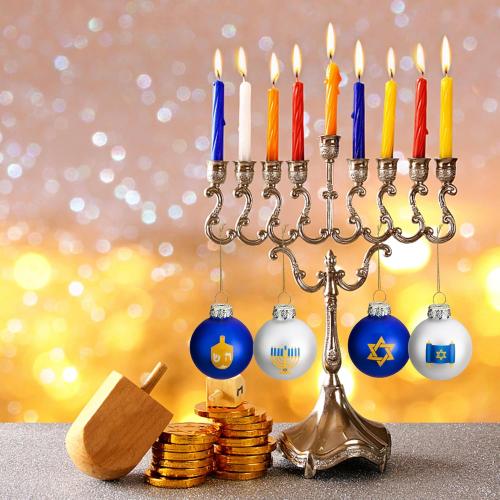 12pcs Glass Ball Ornaments, Star of David Hanukkah Ornament Balls, White and Blue Jewish Menorah Decorations for Tree (12 pcs)