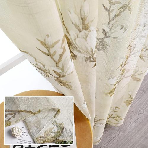 SMILE WEAVER Nature Yellow Sheer Curtains 54 inch Length for Living Room,Light Filtering Curtain 2 Panels,Voile Linen Textured Semi Sheer Floral Curtains for Bedroom/Kitchen Window Drapes