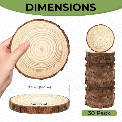 FSWCCK 30 Pack Nature Unfinished Wood Slices, 3.5-4 Inches Round Wooden Circle with Tree Bark, Rustic Wood Centerpieces for Weddings Table Decor and DIY Painting Crafts