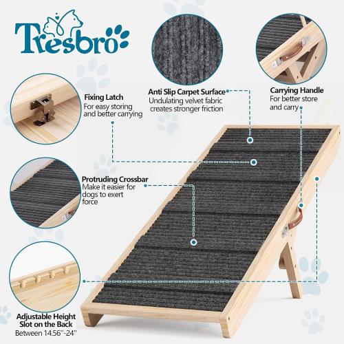 Tresbro Dog Ramp for Bed, 4 Level Adjustable 14.56'' to 24'' Dog Ramps with Anti-Slip Carpet & Carrying Handle, Portable Dog Ramp Supports up to 200LBS for Small Medium Large Dogs to Get on Bed, Couch