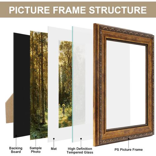 5x7 Vintage Gold Picture Frame, Ornate Victorian Frames for Gallery Wall or Tabletop with Real Glass, Display Art 4x6 with Mat or 5x7 without Mat for Antique Déco