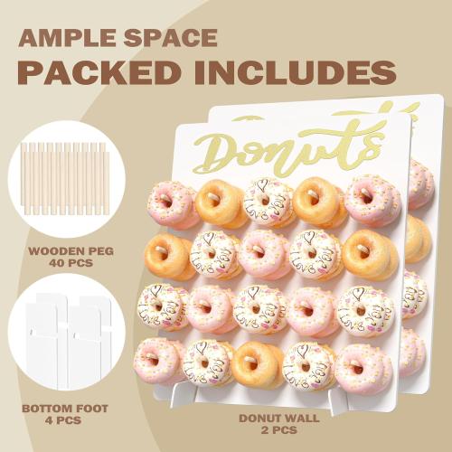 Wooden Donut Wall Display Stand, 2PCS Holder for 40 Doughnuts, Board for Grow Up Party, Birthday, Wedding, Baby Shower, Party Decorations (White)