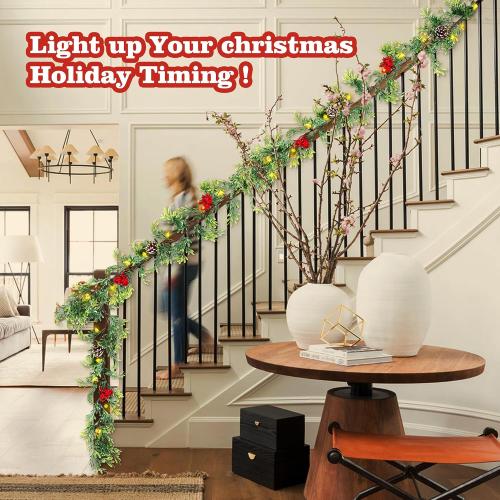 6 FT Artificial Christmas Garland, Faux Cypress Leaf Evergreen Garland with 20 LED Lights, Red Berries and Pinecones, Green-Yellow Leaves, Timer, Perfect for Indoor Outdoor Window Mantel
