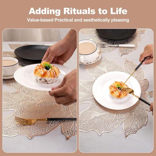 Fall Leaf Placemats Set of 8,Thanksgiving Placemats Harvest Maple Placemats 16X17inch for Party, Holiday and Wedding Table Decor（Champagne Gold）