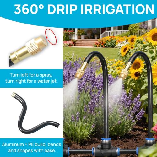 360° Adjustable Drip Irrigation System - 50FT 15/32 inch Hose | High Water Flow，No Drying Out，Garden Watering Atomizing System with 16 Copper Nozzles，suitable for gardens, patios, plants