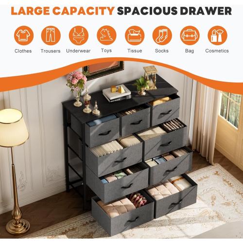 Sweetcrispy 9-Drawer Fabric Dresser Storage Tower with Wood Top and Steel Frame, Organizer Chest with Easy Pull Handles for Bedroom, Closet, Hallway,Modern Gray