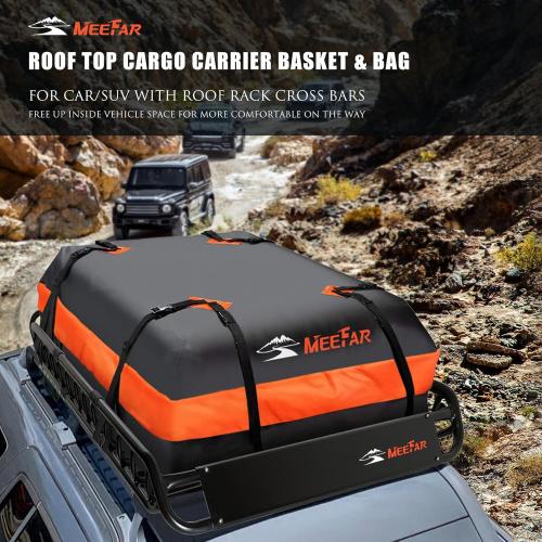 MeeFar Roof Rack Carrier Basket Universal Rooftop 51 X 36 X 5   Waterproof Bag 15 Cubic Feet (44 34 17), and Cargo Net with Attachment Hooks, Ratchet Straps