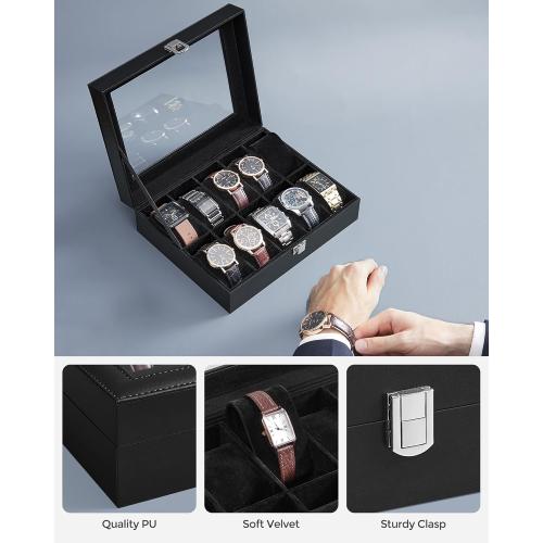 SONGMICS Watch Box, 10-Slot Watch Case Organizer with Large Glass Lid, Removable Pillows, Christmas Gift, Black Synthetic Leather, Black Lining UJWB010B02