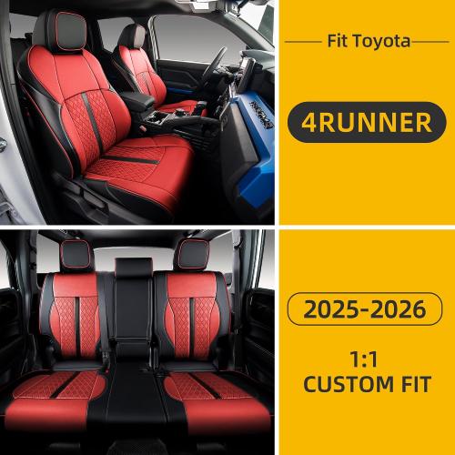 Custom Fit Seat Covers for 2025-2026 Toyota 4Runner (5-Seater), Waterproof Faux Leather Full Set, Full Coverage Protectors for SR5/TRD Off-Road/Sport/Limited/Trailhunter - Black Red