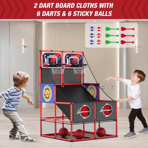 2 in 1 Dual Shot Basketball Arcade Game with 2 Dart Boards/Electronic Scoreboard/LED Light, Kids Basketball Hoop for Home Indoor Outdoor, Sport Toys Gifts for Boys Girls