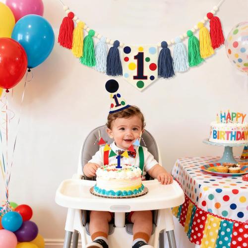 Colourful Rainbow Dot 1st High Chair Banner Conical Cap Primary Colors Cake Topper for Boys Girls Birthday Party Decorations