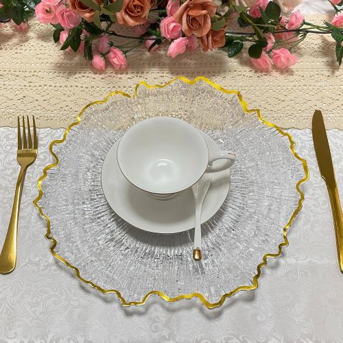 CN JIAHE 13inch Clear Acrylic Reef Gold Rim Charger Plates Set of 8 , for Dinner , Wedding , Party , Event Decoration.