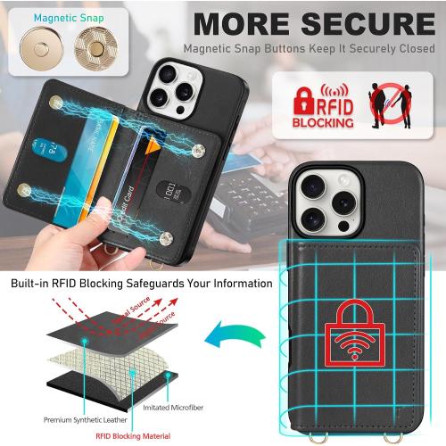TUCCH Crossbody Wallet Case for iPhone 16 Pro (6.3), RFID Blocking [6 Card Slots][Detachable Adjustable Lanyard], Magnetic Flip Wallet PU Leather Shockproof Phone Cover for iPhone 16 Pro, Black