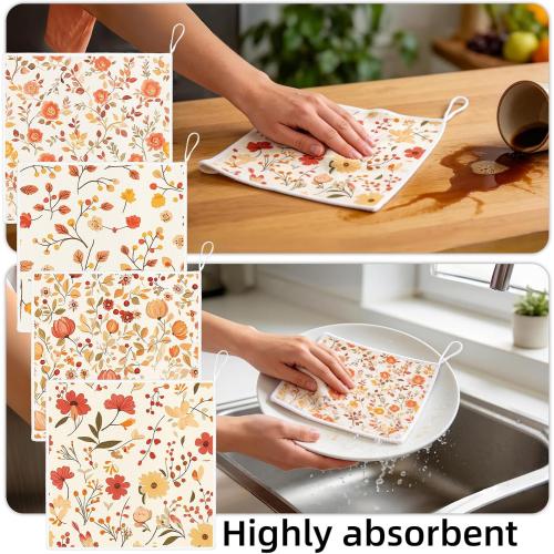 Kitchen Dish Cloths,4-Pack Reusable Soft Dishcloths with Hanging Loop,11.8×11.8in Kitchen Towels,Microfiber Hand Towels,Home Decoration,for Housewarming Gifts-Autumn Floral