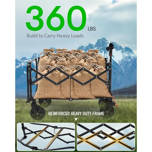 Color Black Collapsible Wagon, Foldable Wagon with Tailgate Extended, 360lbs Heavy Duty, Portable Lightweight Utility Wagon for Grocery, Camping, Garden, Sports, Black T
