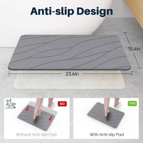 Quick Drying Stone Bath Mat, Diatomaceous Bathroom Mats Non Slip Stone, Quick Dry Diatomaceous Earth Bath Mat Super Absorbent (Dark Grey)