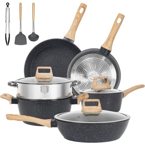 12 Pcs Pots and Pans Set, Nonstick Cookware Sets Black Granite Induction Cookware, Non-toxic Healthy Non Stick Kitchen Cooking Set with Frying Pans Set, Saucepans,Steamer (PFAS, PFOA, PFOS Free)