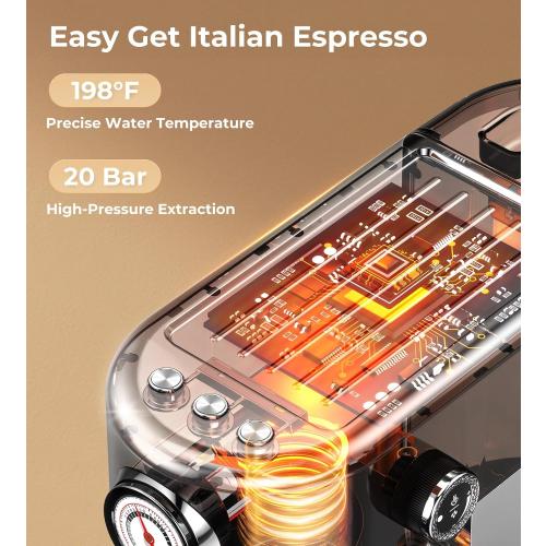 Espresso Machine with Milk Frother, 20 Bar Pressure Espresso Maker, with 44OZ Removable Tank, Compact Stainless Steel Coffee Machine for Home, Office, Latte, Cappuccino, Macchiato, Silver