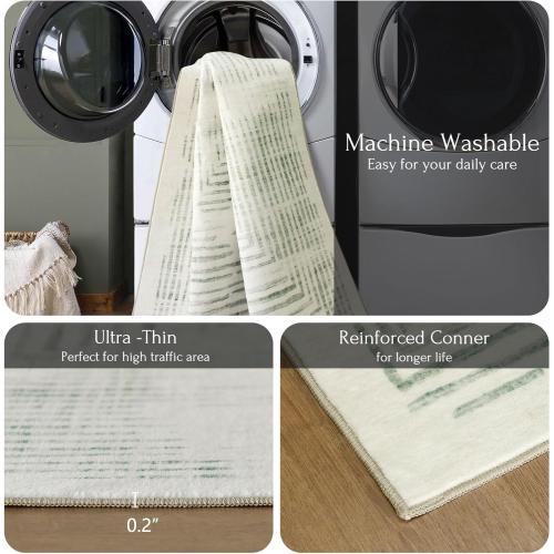 Washable Area Rug - Soft Modern Throw Rugs for Living Room Non-Slip Ultra-Thin Sage Green Lines Borderd Abstract Rugs for Bedroom Entryway Kitchen Foyer Mudroom Dorm Dining Room Carpet