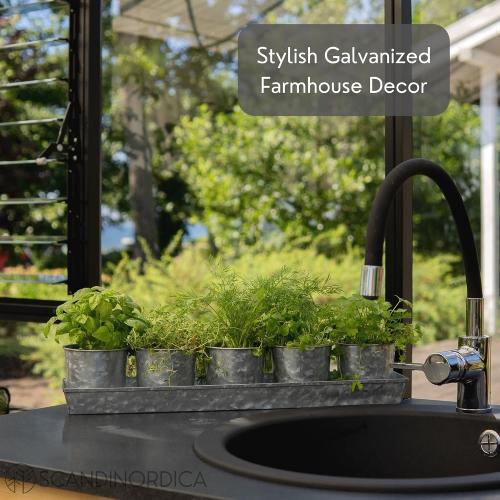 Galvanized Metal Herb Planter, 5 Pots with Drainage Holes, Indoor Outdoor Use, Farmhouse Decor, 19.5x3.9x3.5 inches