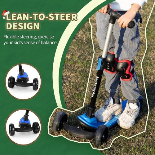 Blue and Black Besrey Kick Scooter for Kids Ages 3-10, 3-Wheel Folding Scooter with Adjustable Height, LED Light Wheels, Extra Wide Deck for Outdoor Activities