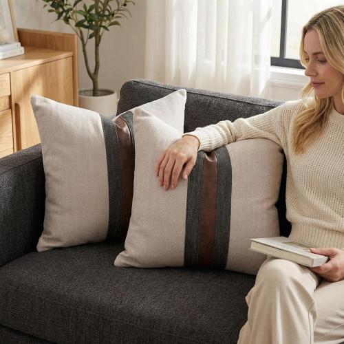 Set of 2 Leather Throw Pillow Covers Cotton Linen Decor Patchwork Pillow Cover Faux Leather Pillows Cover for Couch Sofa Living Room Bedroom,Beige 24x24