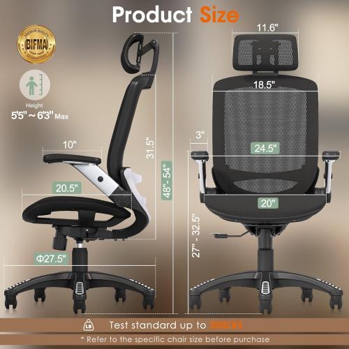 GABRYLLY Ergonomic Office Chair, High Back Home Desk Chair with Headrest, Flip-Up Arms, 90-120° Tilt Lock and Wide Cushion, Big and Tall Mesh Chairs for Man Woman, Black Task Chair
