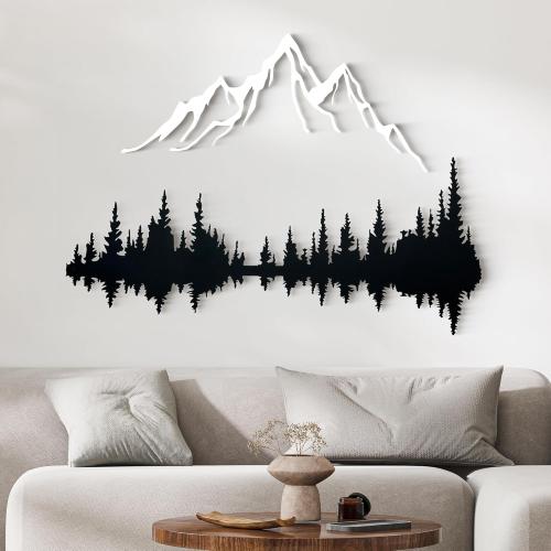 White & Black 18x12 Wita Home Mountain and Forest Metal Wall Art, Wall Mounted Nature Home Decor, Pine Trees with Lake Reflection Wall Art for Living Room, Bedroom or Office, Large Outdoor Wall Decor, Nature Christmas Decor (White Mountain-Black Forest, 1