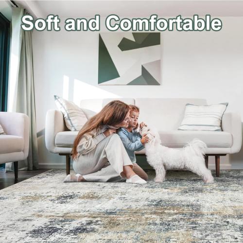 Washable Area Rugs for Living Room 9x12 - Large Neutral Modern Abstract Rug, Soft Low Pile Carpet with Non Slip Backing for Under Dining Room Table, Bedroom, Home, Office, Dorm - Green Yellow