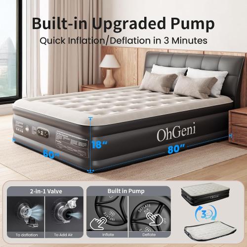 OhGeni Air Mattress Queen with Built in Pump, 18 Raised Blow up Bed, 800lb