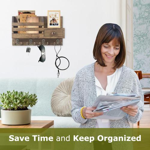 Key Holder Wall Mount, Wooden Adhesive Mail and Key Organizer with Drawer, Small Shelf, 8 Hooks, 2 Installation Methods, Brown