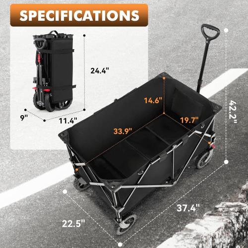 Hikenture Wagons Carts Foldable 330LBS, Heavy Duty Collapsible Wagon | Utility Wagon for Grocery, Garden, Camping & Sports Gear; One-Hand Fold; 360-Degree Wheels; Built-In Wheel Brake